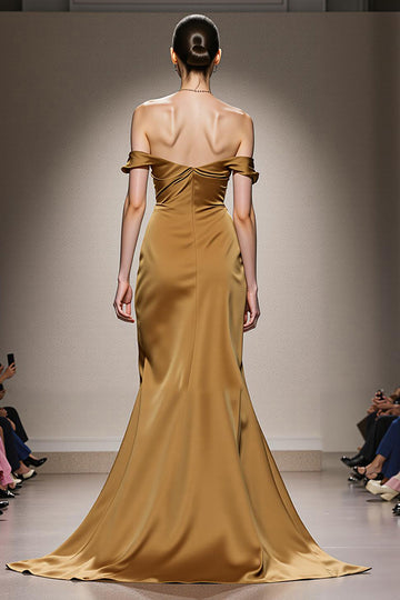 Gele zeemeermin satijn van de schouder lange formele jurk